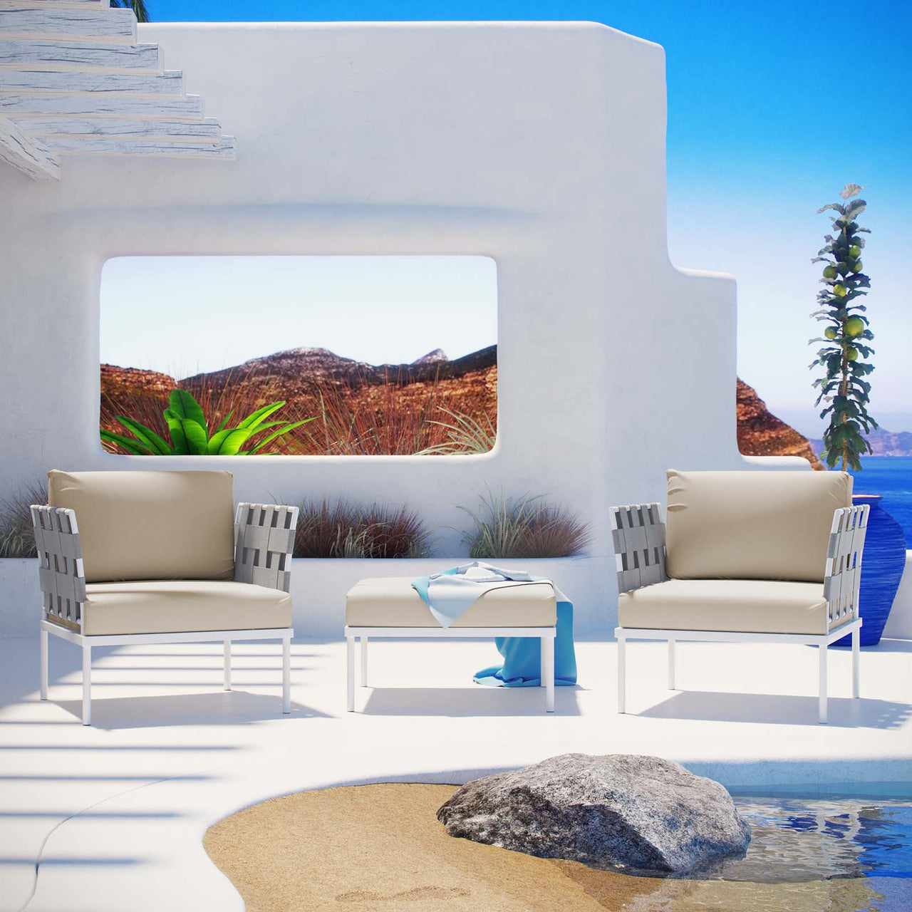 Harmonize 3-Piece Alfresco Sectional Sofa Set, White & Beige