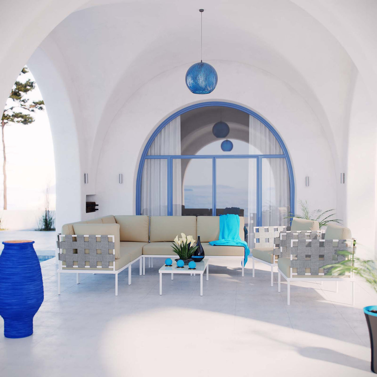 Harmonize 8-Piece Alfresco Sectional Sofa Set, White & Beige