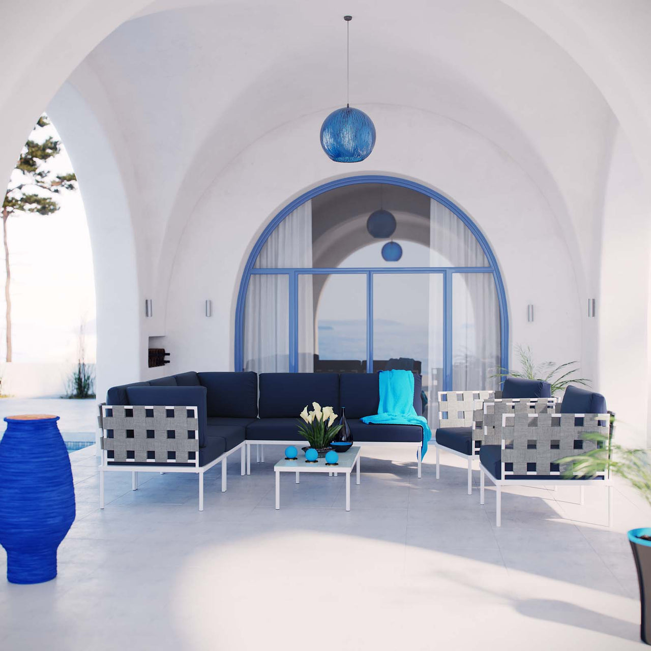 Harmonize 8-Piece Alfresco Sectional Sofa Set, White & Navy