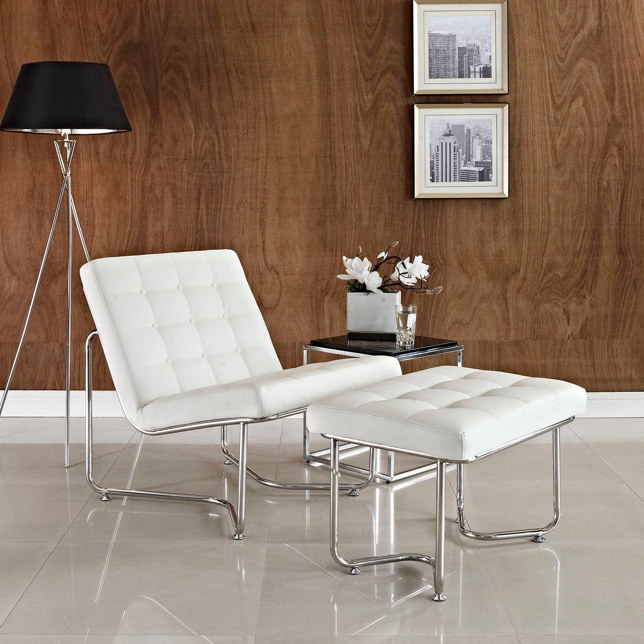 Ambrisse Eco-Leather Lounge Chair w/ Ottoman, White
