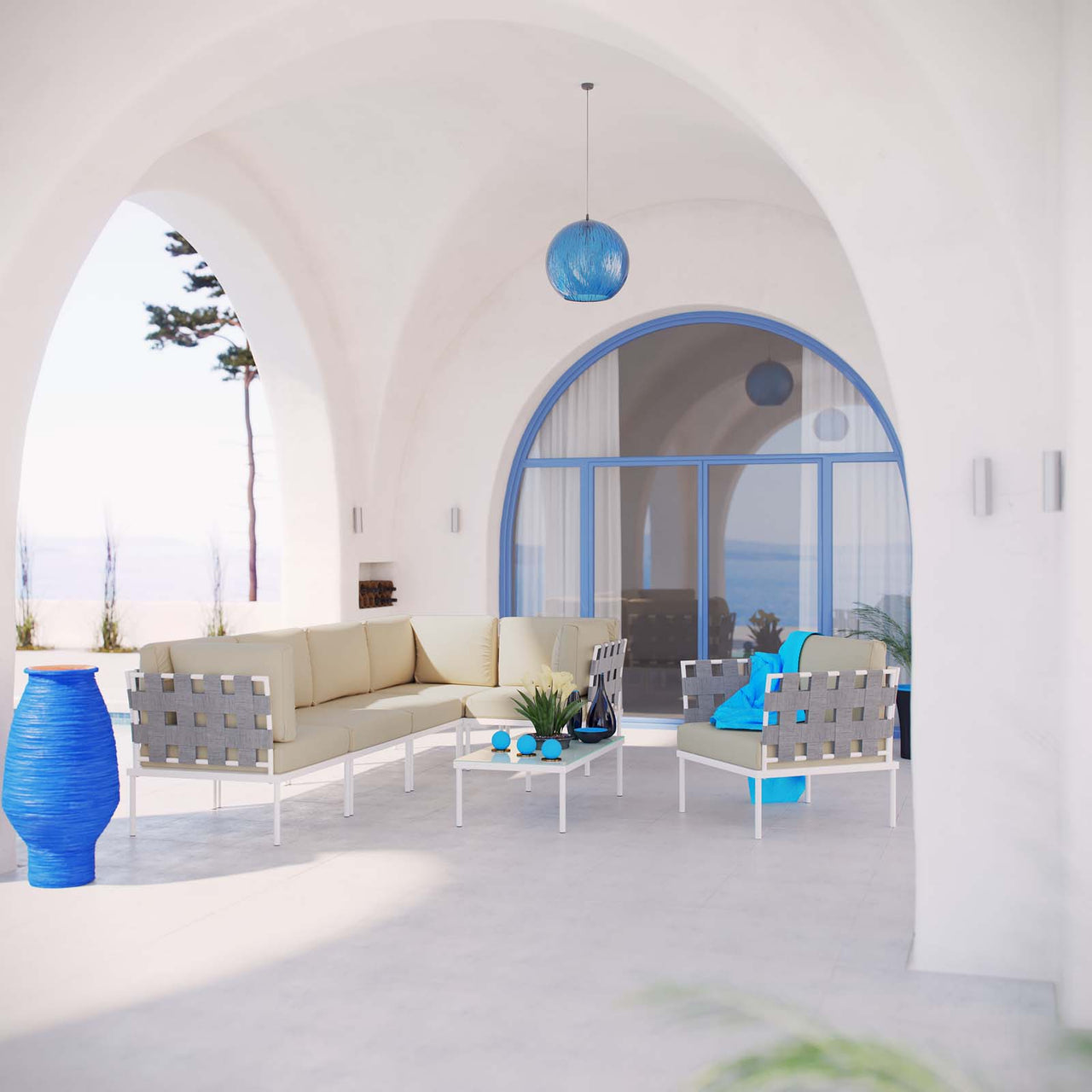 Harmonize 7-Piece Alfresco Sectional Sofa Set, White & Beige