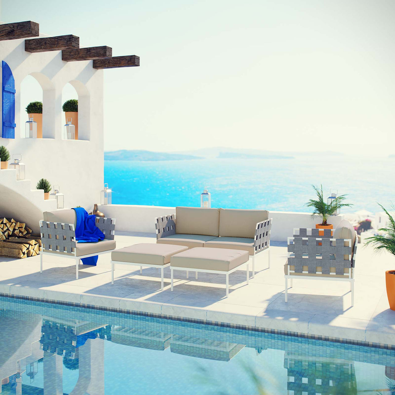 Harmonize 5-Piece Alfresco Sectional Sofa Set, White & Beige