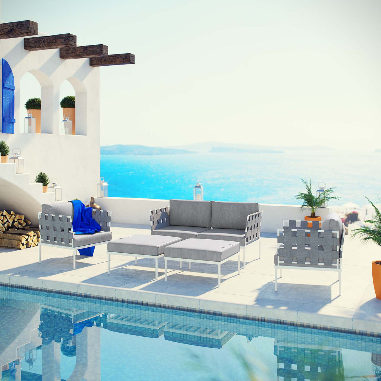 Harmonize 5-Piece Alfresco Sectional Sofa Set, White & Gray