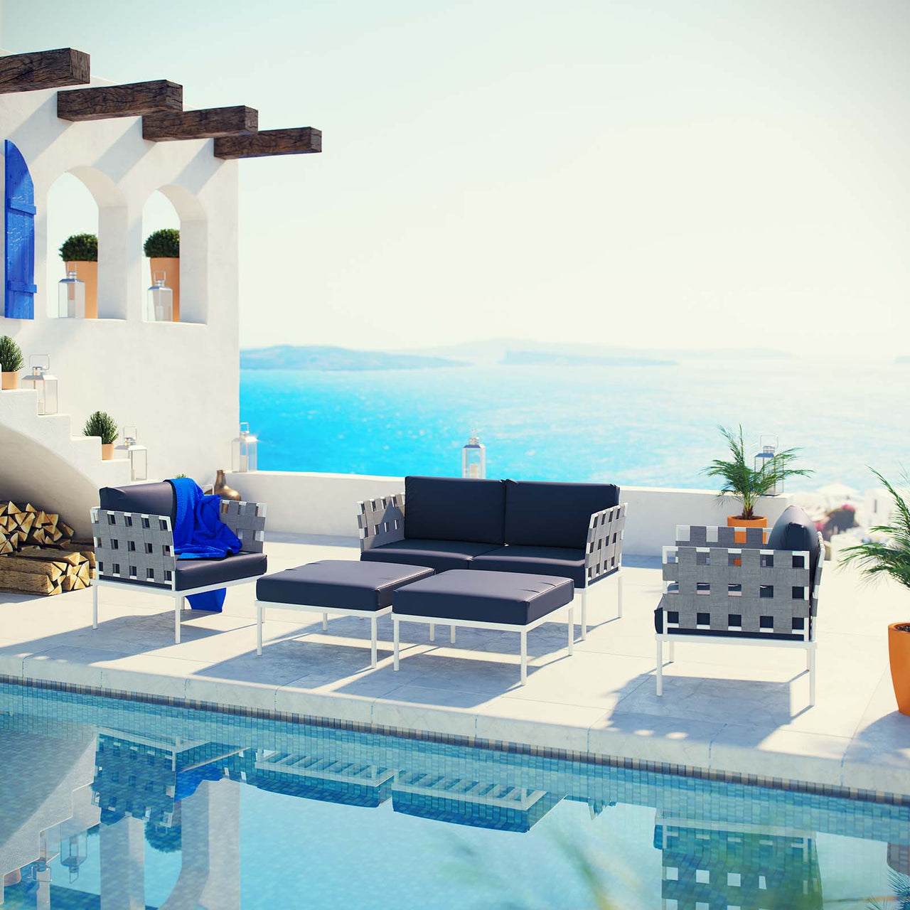 Harmonize 5-Piece Alfresco Sectional Sofa Set, White & Navy