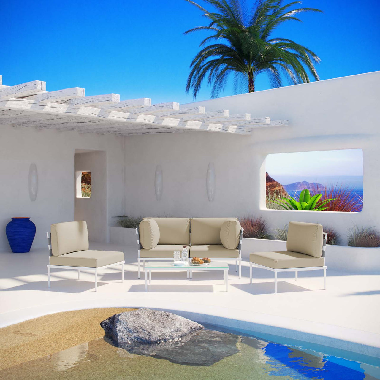 Harmonize 5-Piece Alfresco Sectional Sofa Set, White & Beige