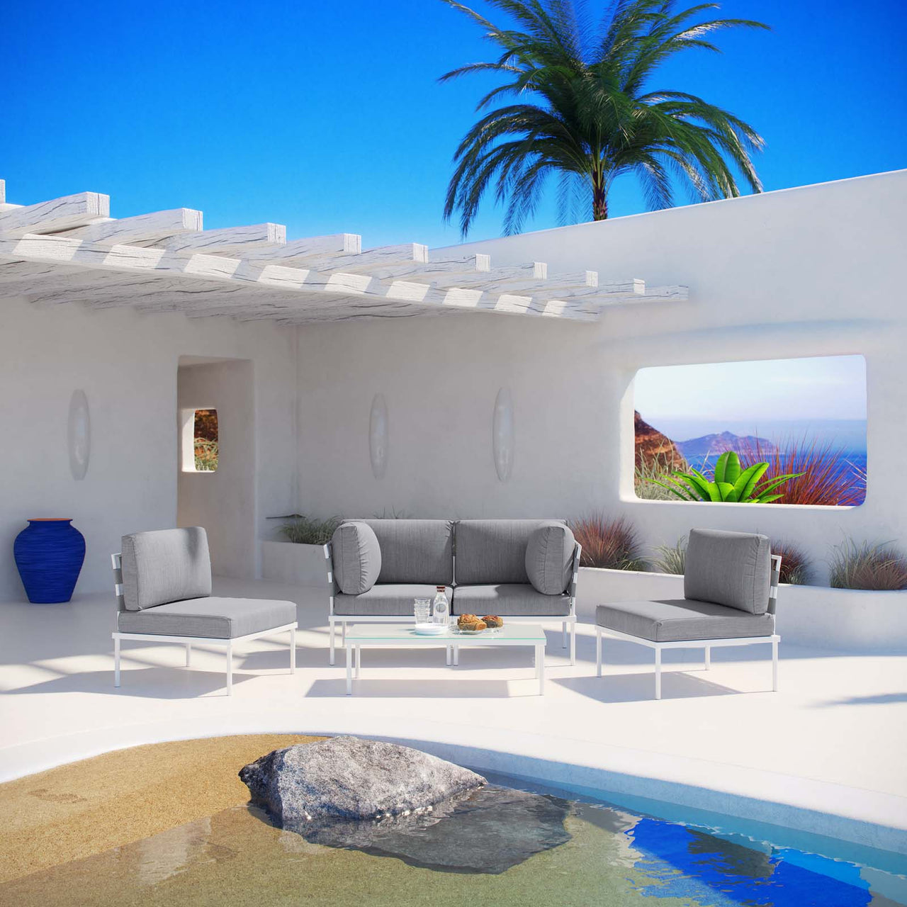 Harmonize 5-Piece Alfresco Sectional Sofa Set, White & Gray