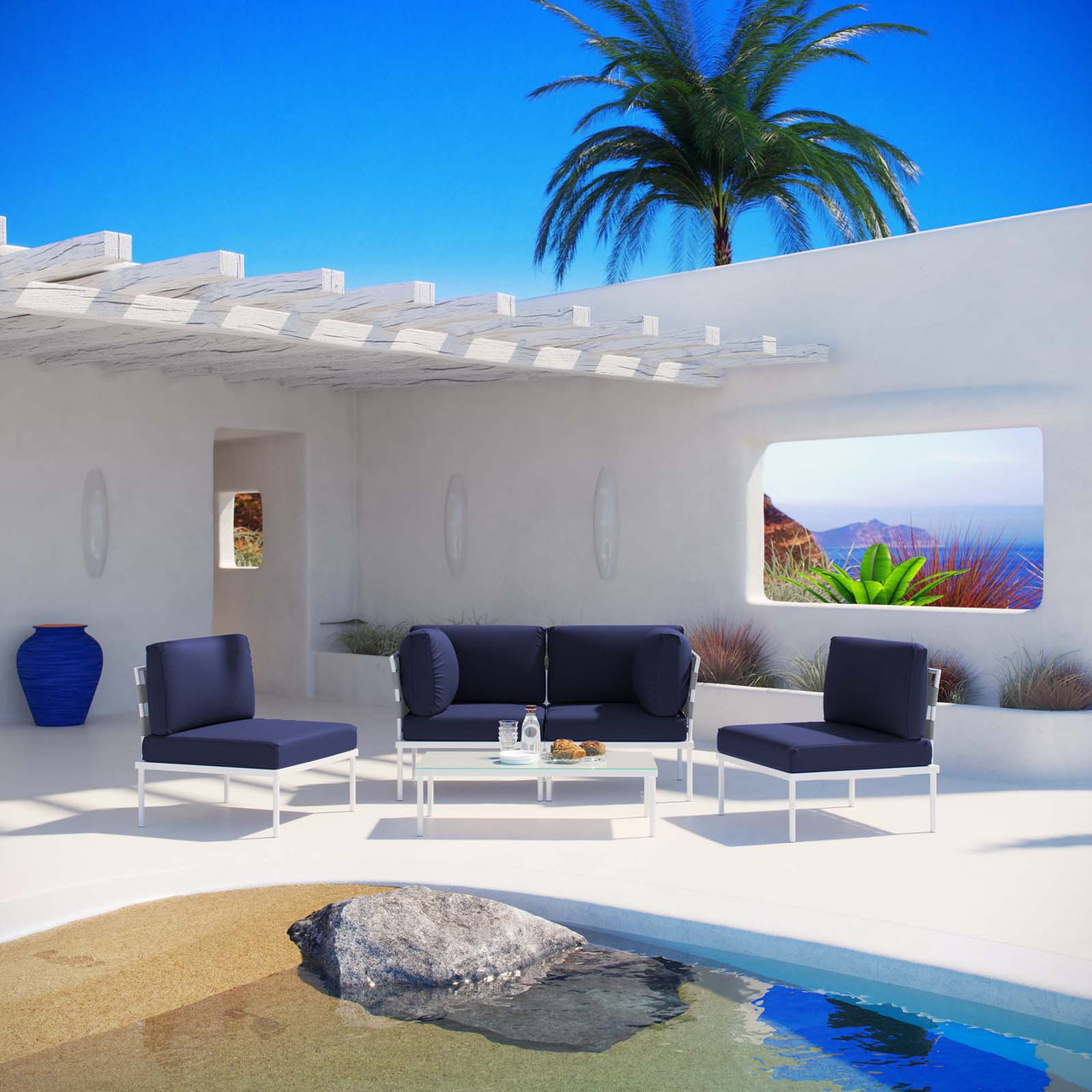 Harmonize 5-Piece Alfresco Sectional Sofa Set, White & Navy