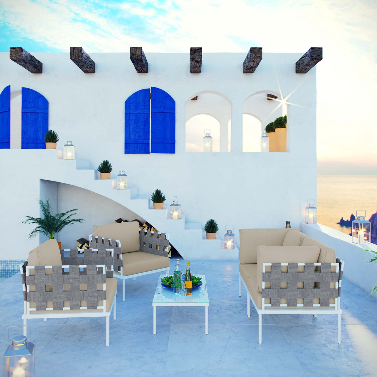 Harmonize 5-Piece Alfresco Sectional Sofa Set, White & Beige