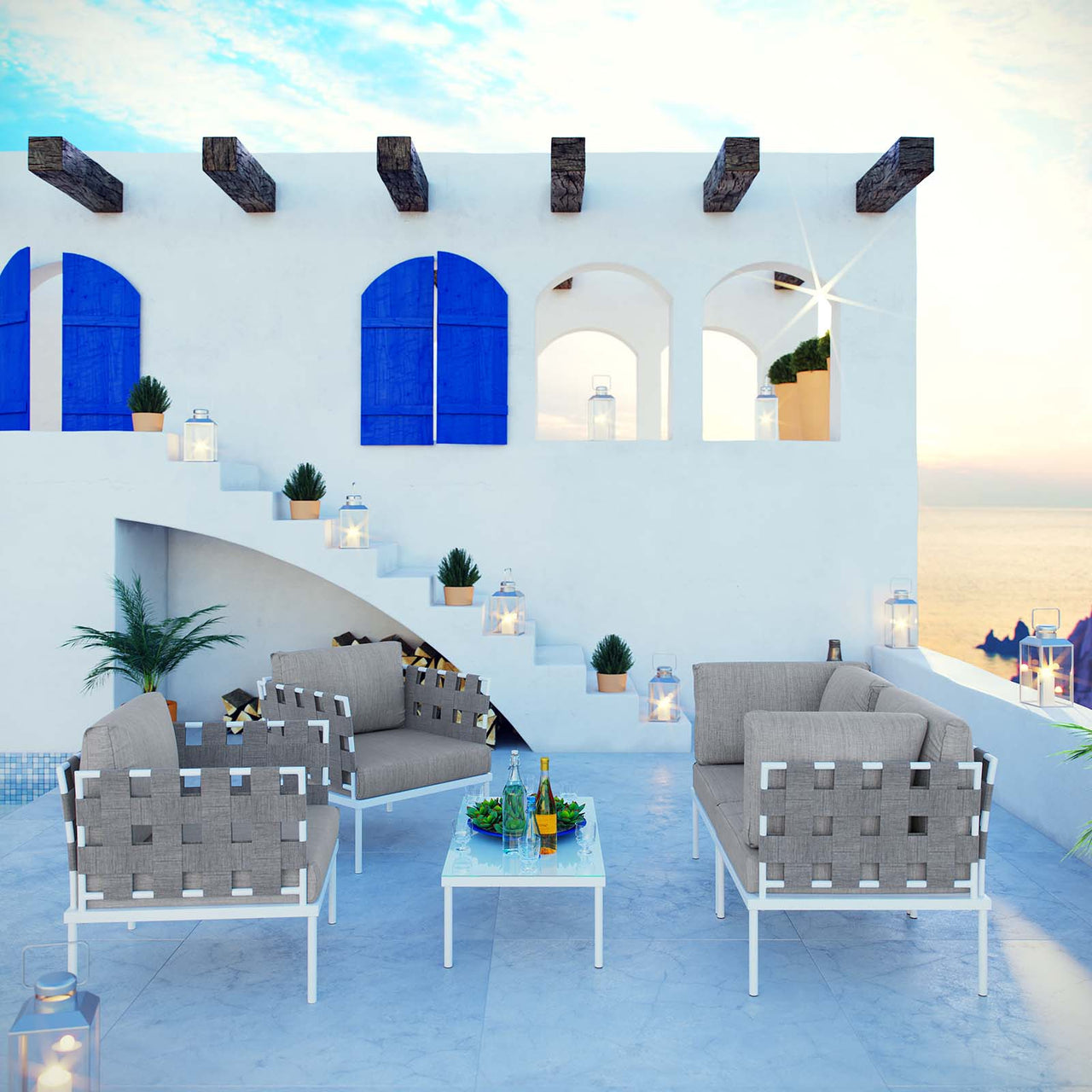 Harmonize 5-Piece Alfresco Sectional Sofa Set, White & Gray