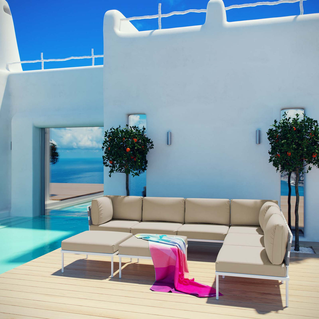 Harmonize 8-Piece Alfresco Sectional Sofa Set, White & Beige