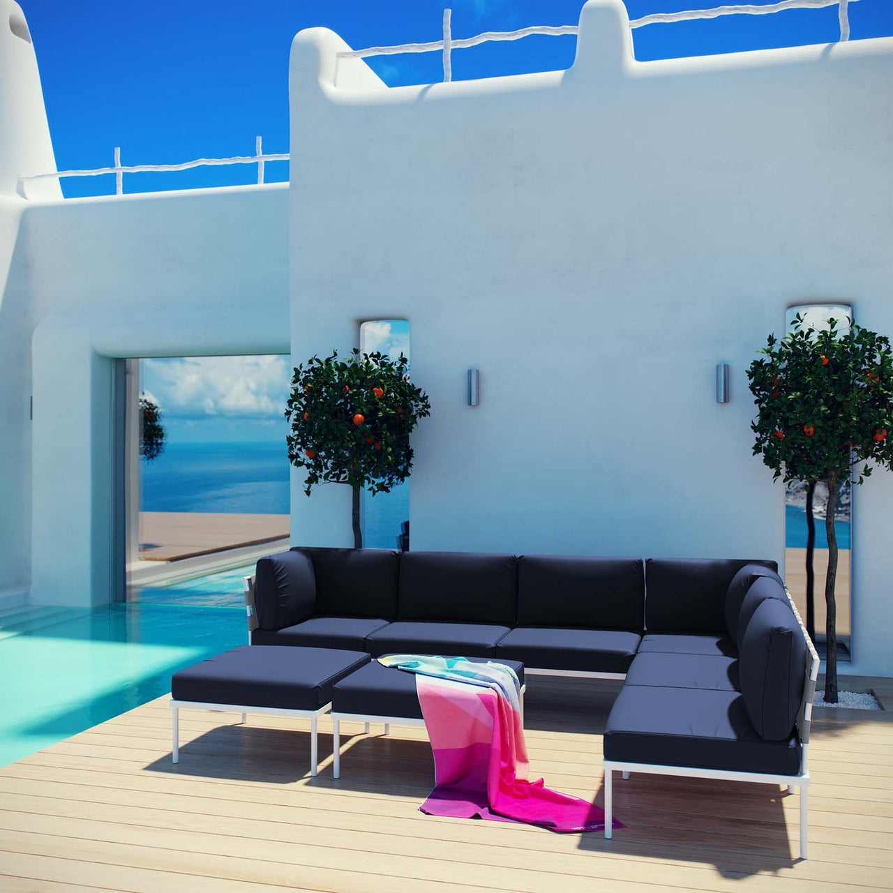 Harmonize 8-Piece Alfresco Sectional Sofa Set, White & Navy