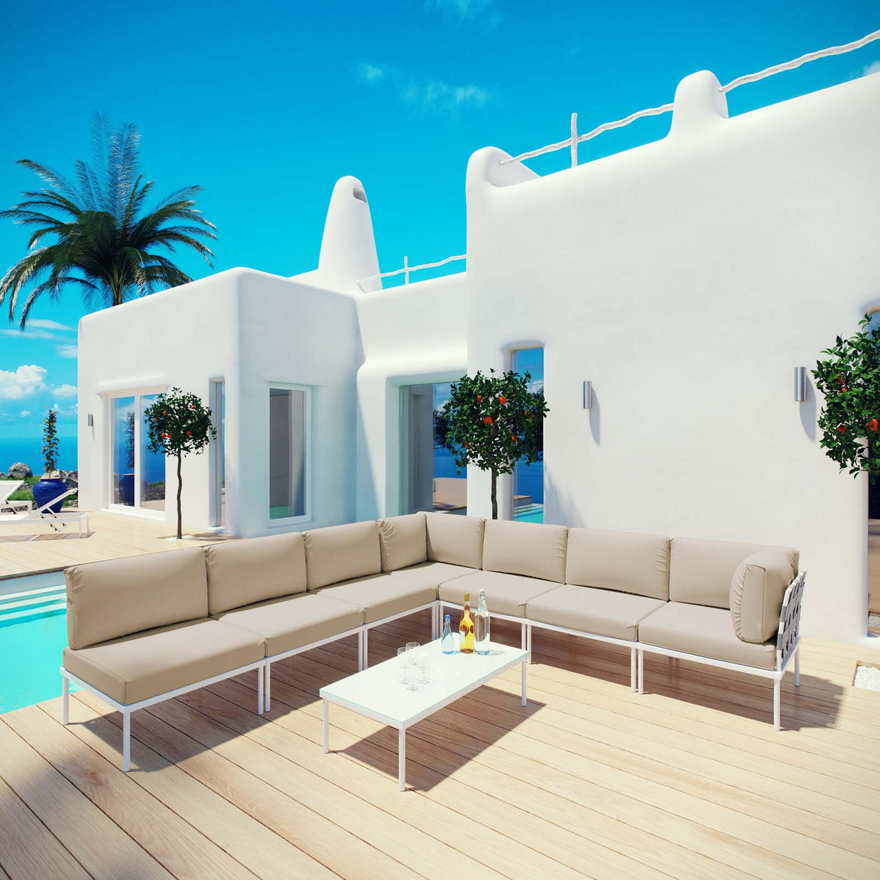 Harmonize 8-Piece Alfresco Sectional Sofa Set, White & Beige