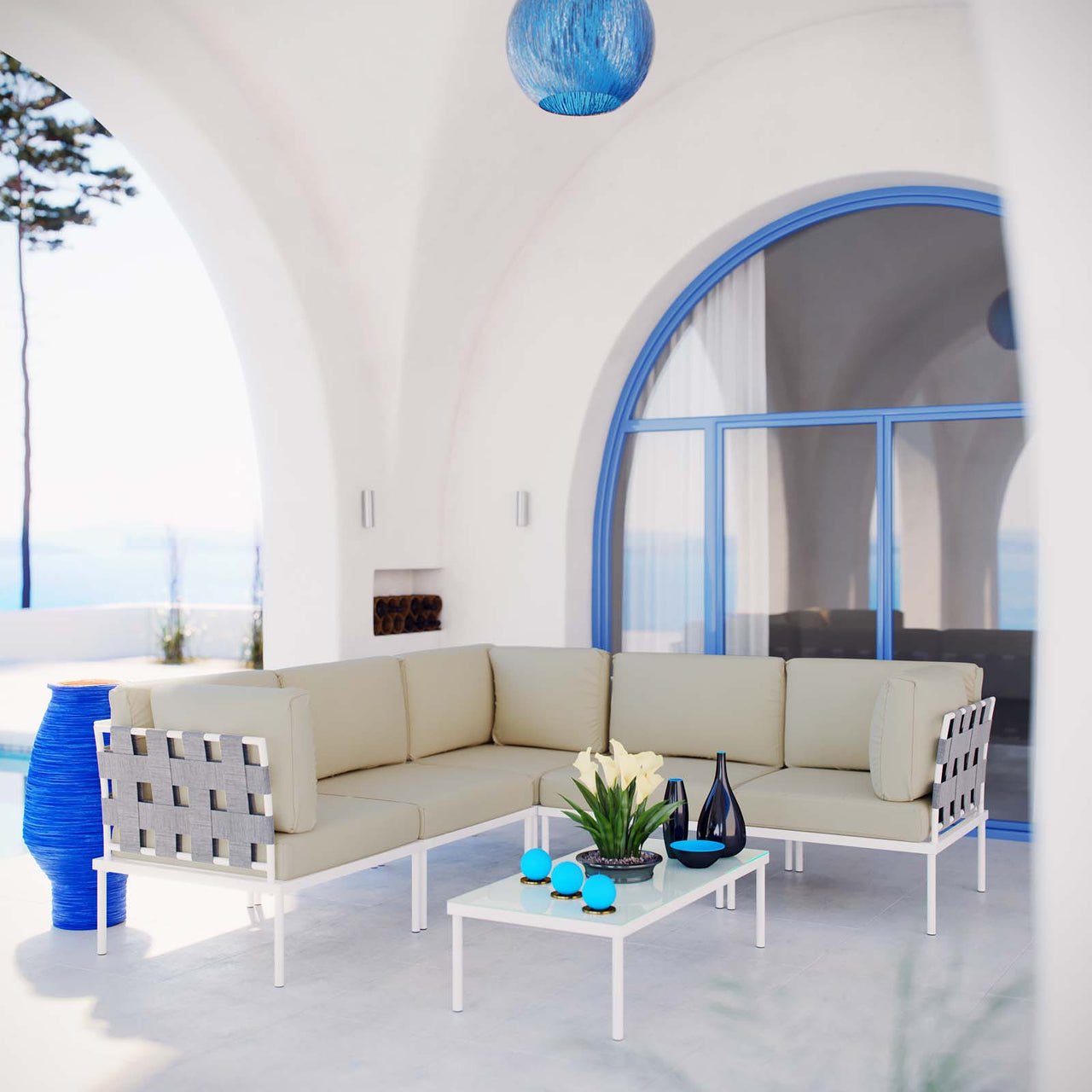 Harmonize 6-Piece Alfresco Sectional Sofa Set, White & Beige