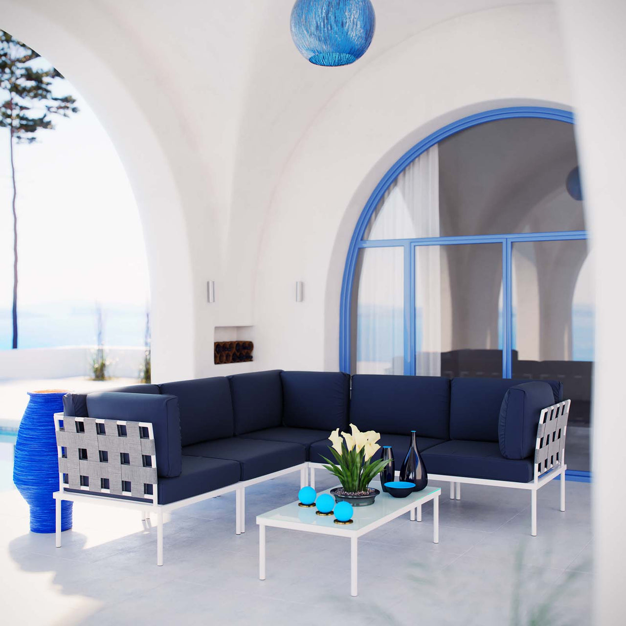 Harmonize 6-Piece Alfresco Sectional Sofa Set, White & Navy