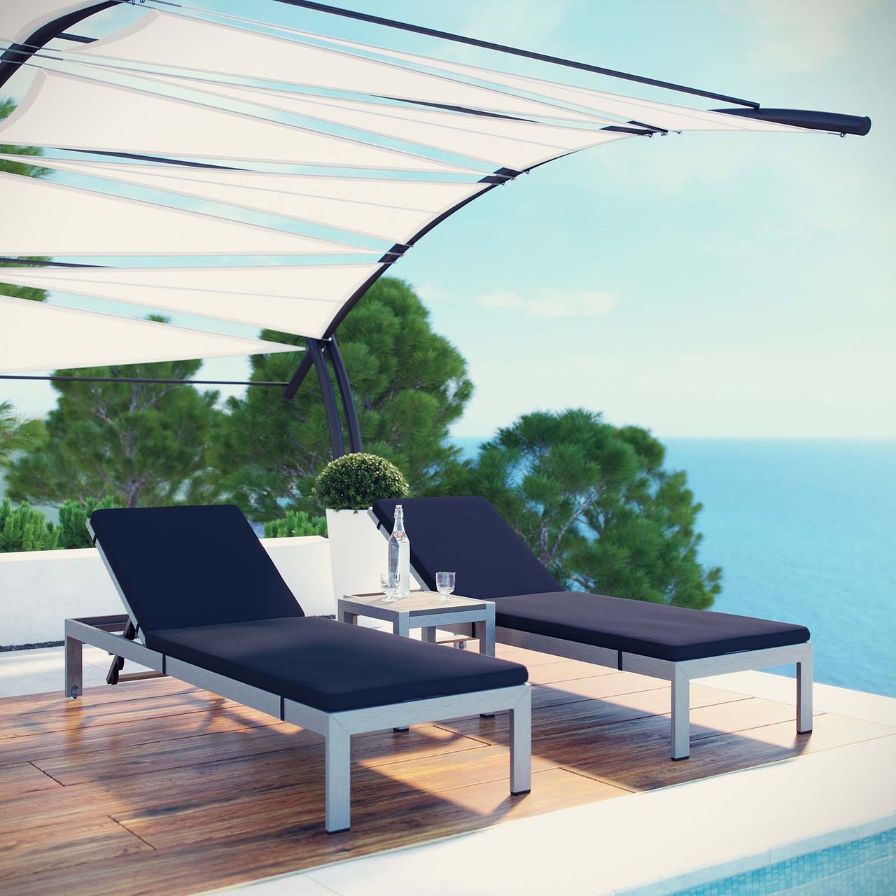 Shorea 3-Piece Alfresco Chaise with Cushions, Silver & Navy