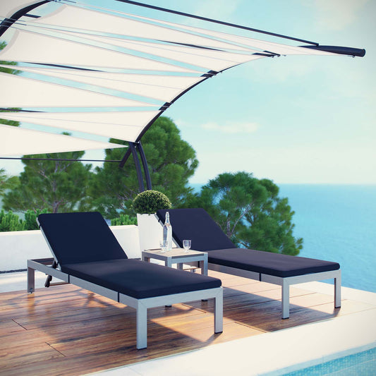 Shore 3 Piece Outdoor Patio Aluminum Chaise with Cushions, Silver & Navy