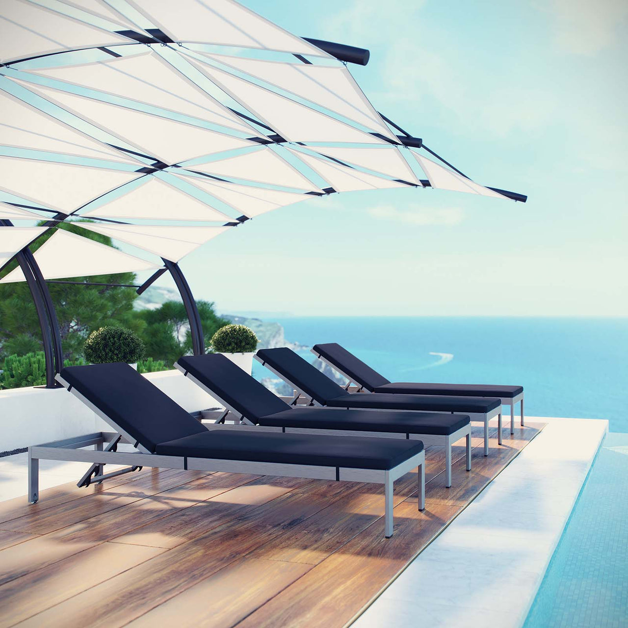 Shorea Alfresco Chaise with Cushions Set of 4, Silver & Navy