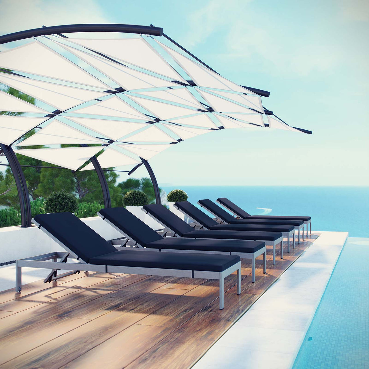 Shorea Alfresco Chaise with Cushions Set of 6, Silver & Navy