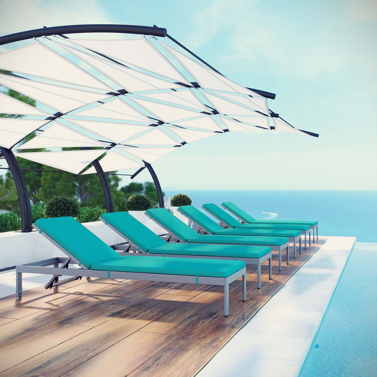 Shorea Alfresco Chaise with Cushions Set of 6, Silver & Turquoise