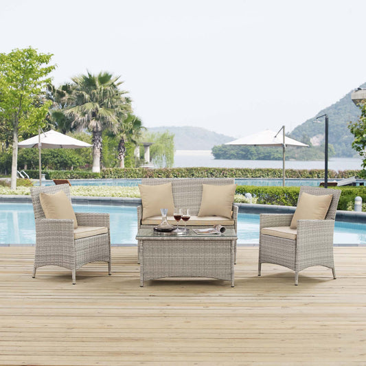 Briallen 4-Piece Alfresco Conversation Set w/ Pillows, Light Gray & Beige