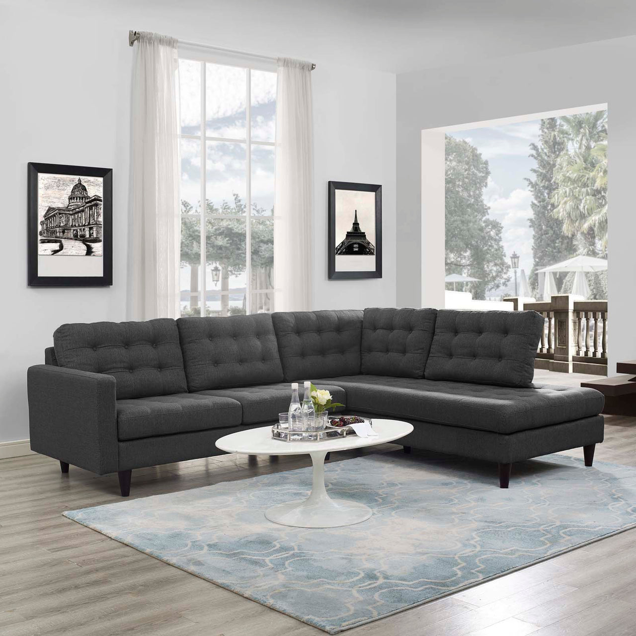 Dynasty 2-Piece Fabric Right Facing Bumper Sectional, Gray