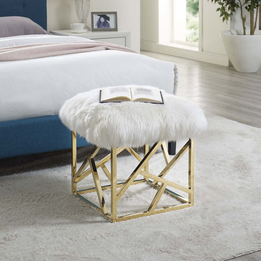 Entropy Natural Wool Hide Ottoman, Gold & White