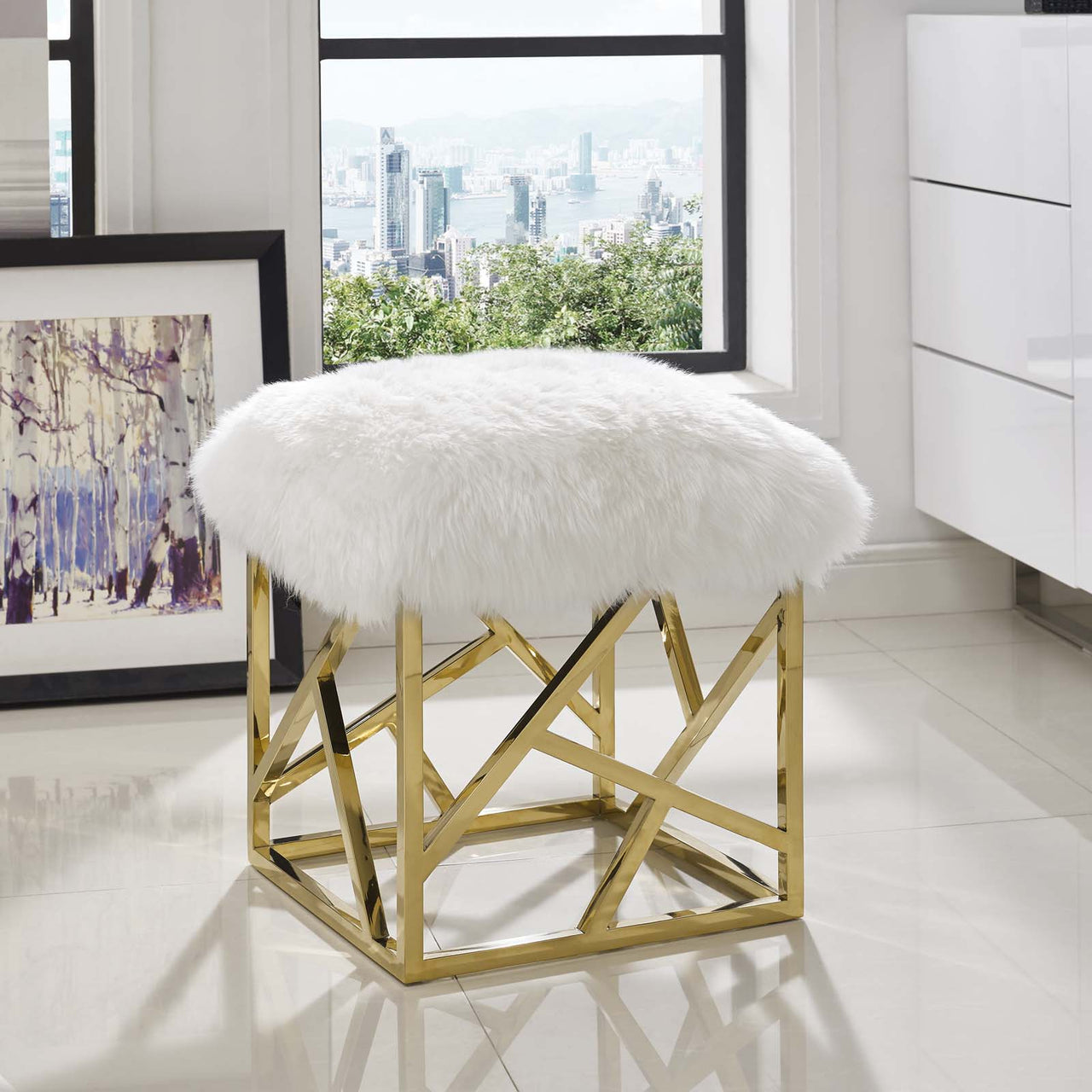 Entropy Natural Wool Hide Ottoman, Gold & White