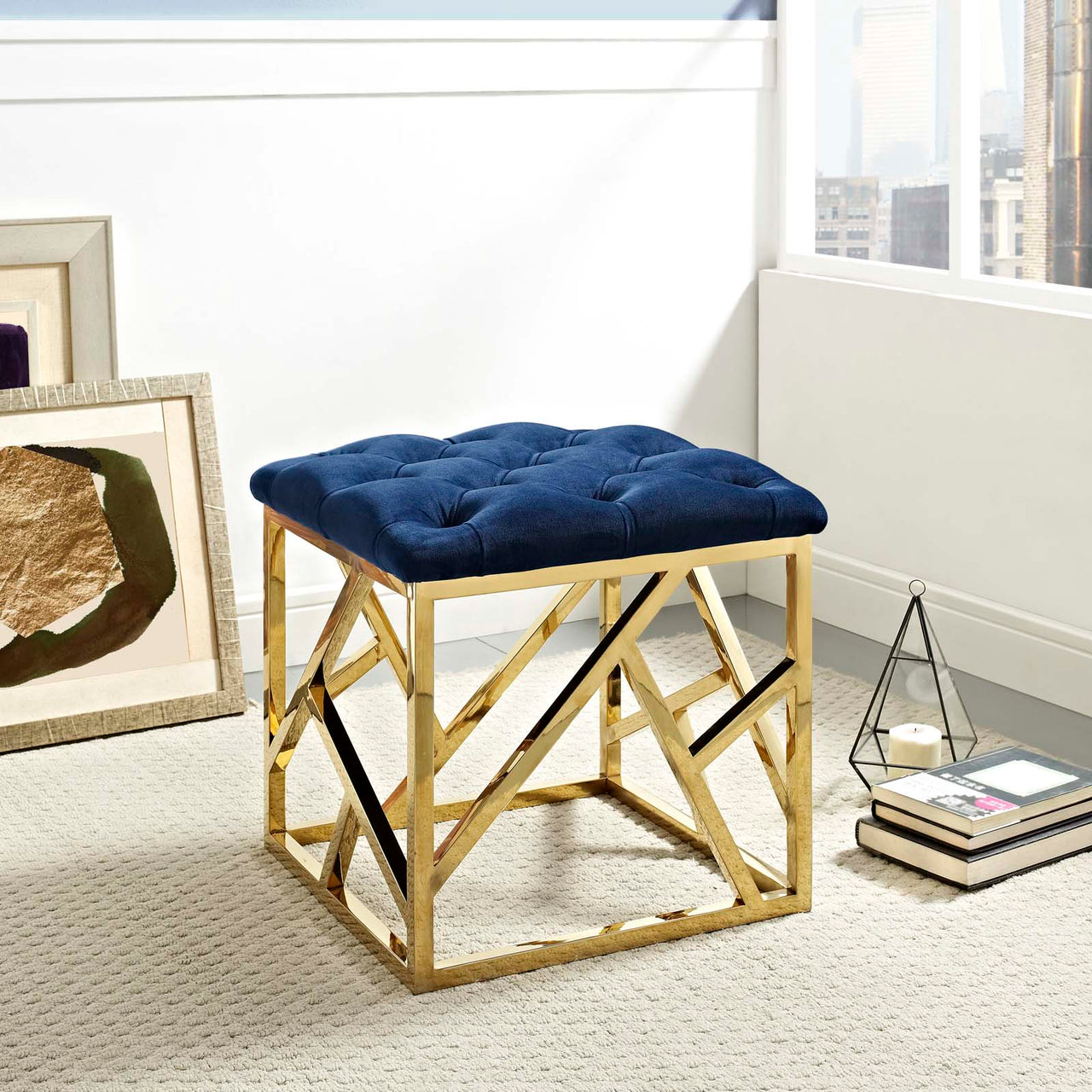 Entropy Upholstered Velvet Ottoman, Gold & Navy
