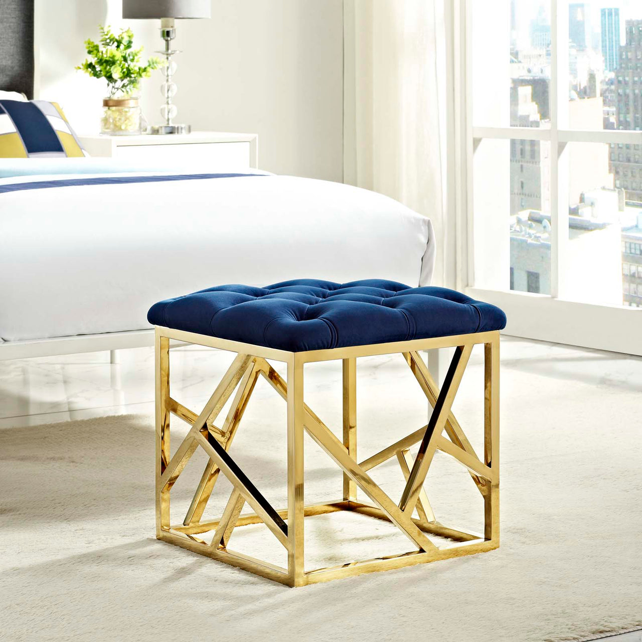Entropy Upholstered Velvet Ottoman, Gold & Navy