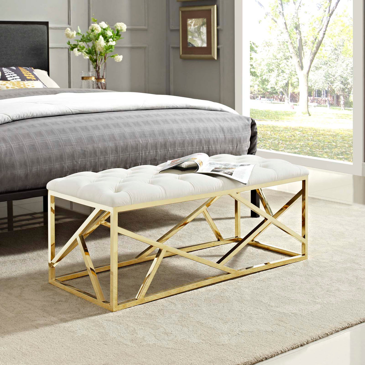 Entropy Upholstered Velvet Bench, Gold & Ivory