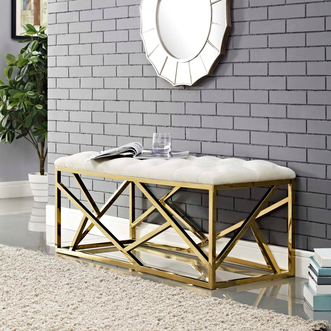 Entropy Upholstered Velvet Bench, Gold & Ivory