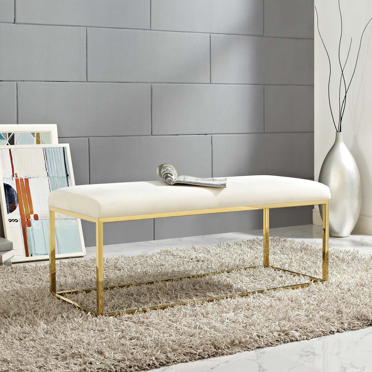 Caela Upholstered Bench, Gold & Ivory