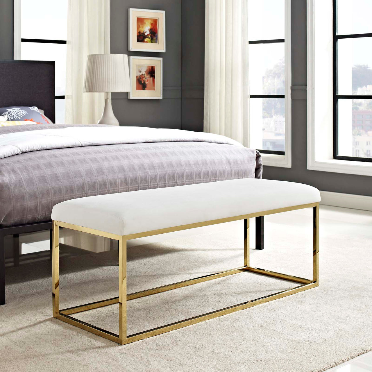 Caela Upholstered Bench, Gold & Ivory
