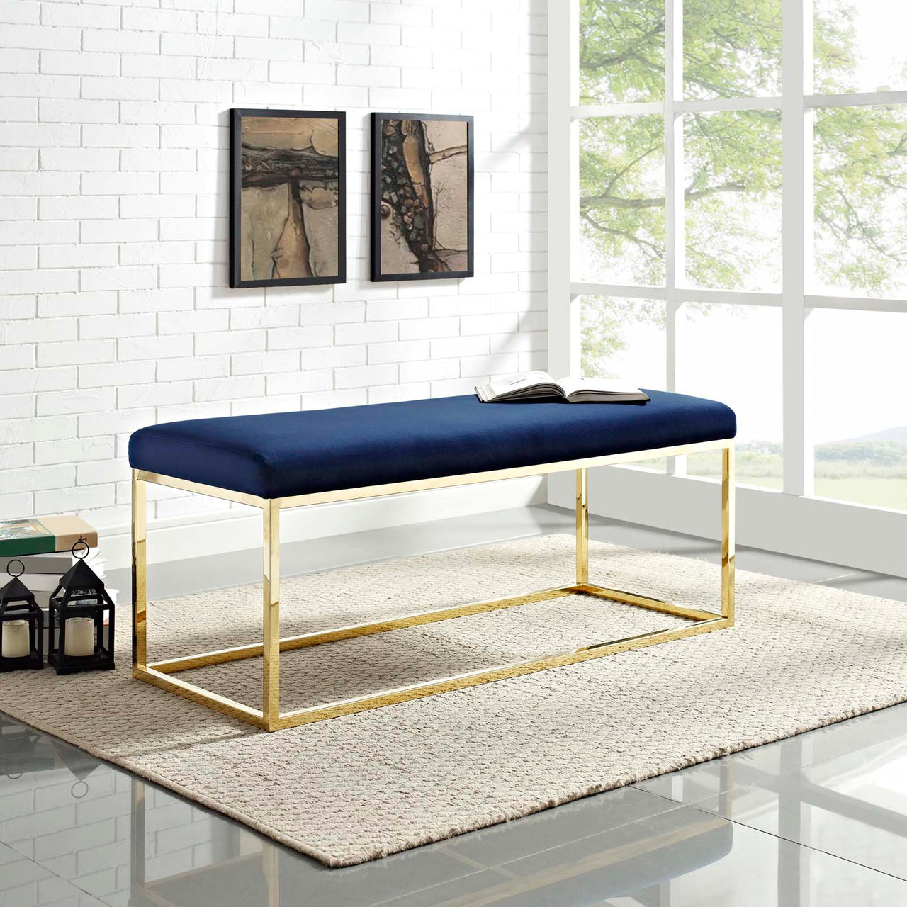 Caela Upholstered Bench, Gold & Navy