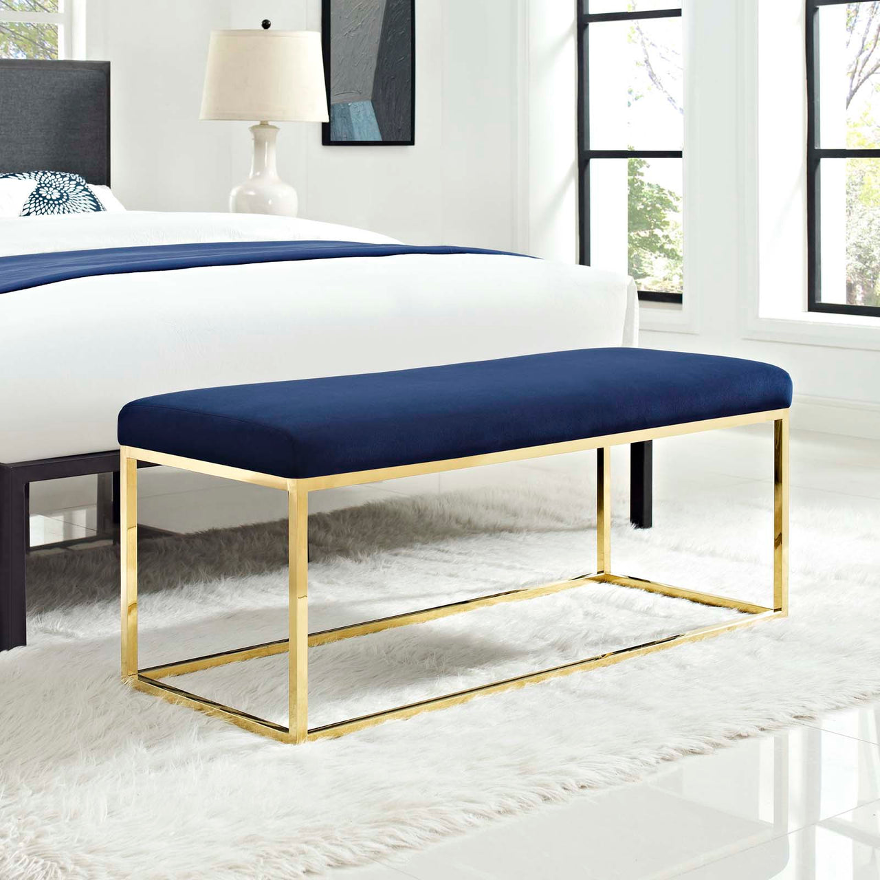 Caela Upholstered Bench, Gold & Navy