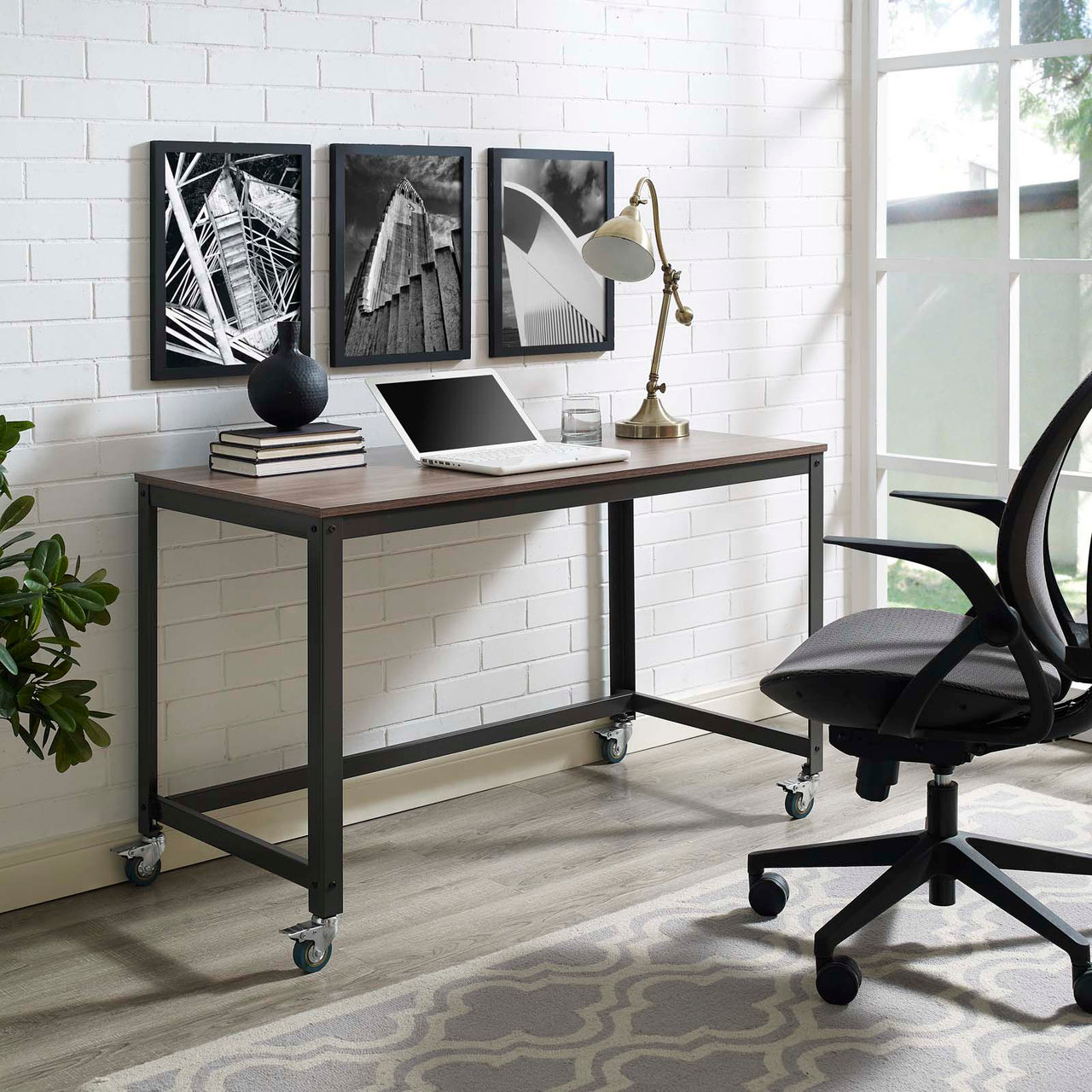 Trivane Mobile Desk, Gray & Walnut