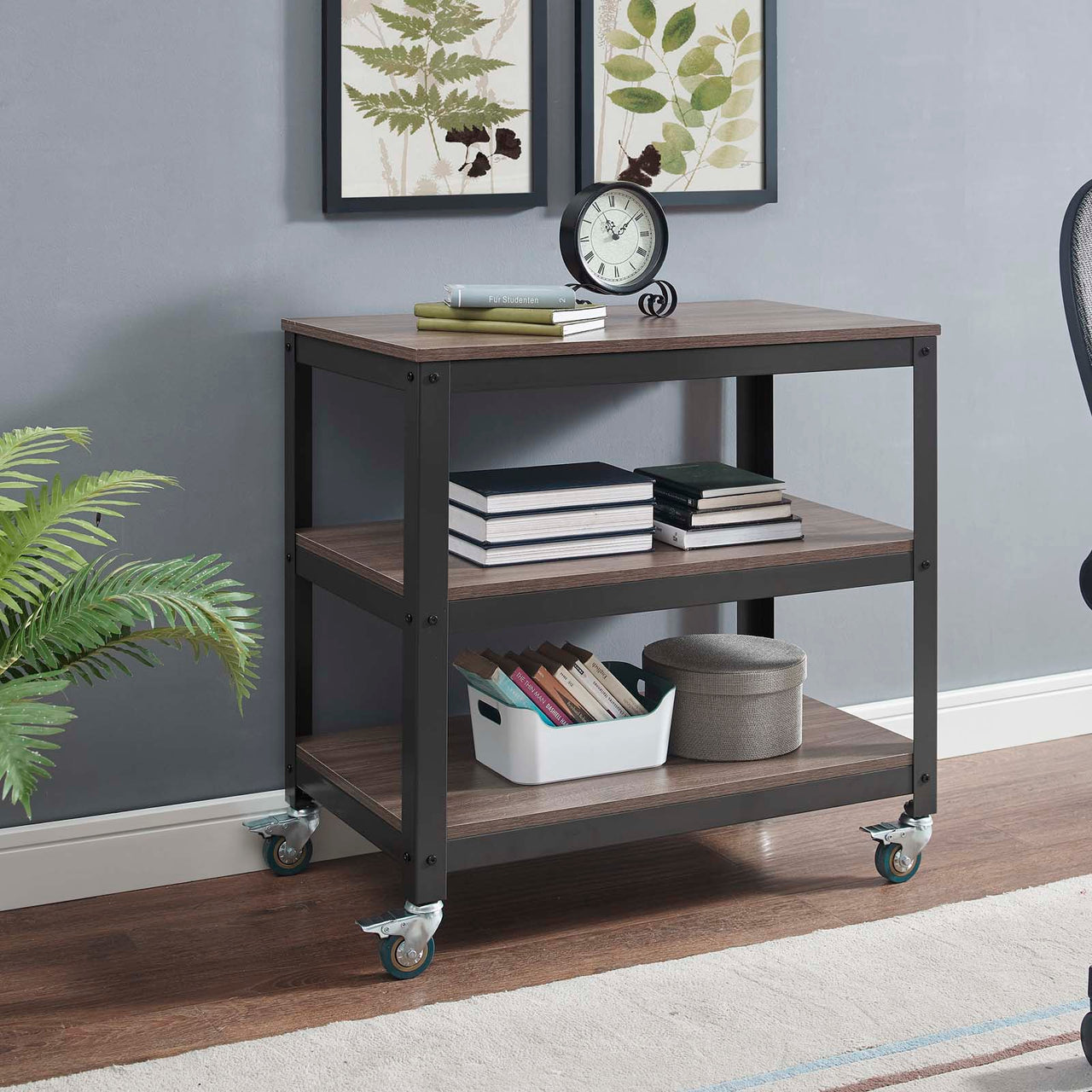 Trivane Shelf | Stand w/ Casters, Gray & Walnut