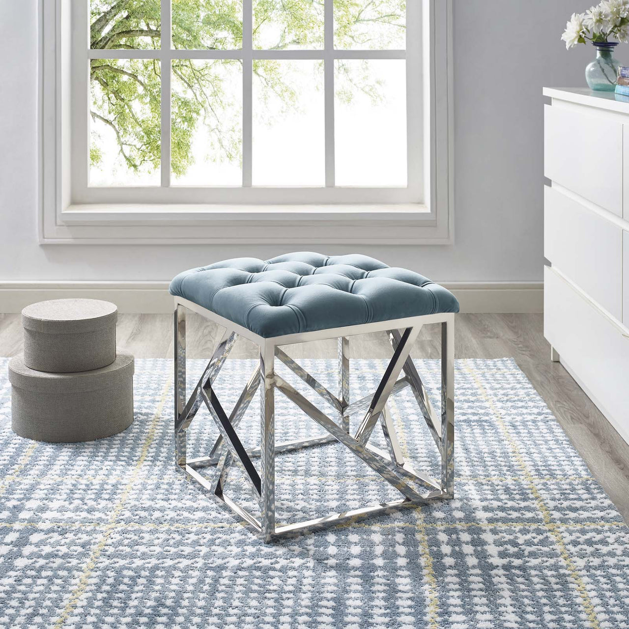 Entropy Upholstered Velvet Ottoman, Caspian Blue