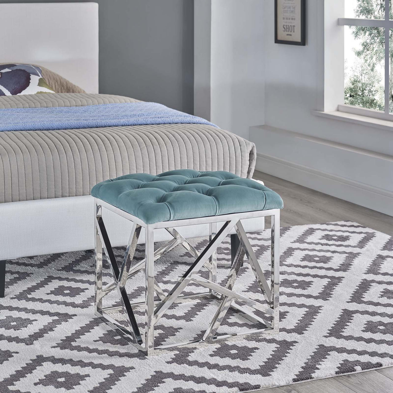 Entropy Upholstered Velvet Ottoman, Caspian Blue