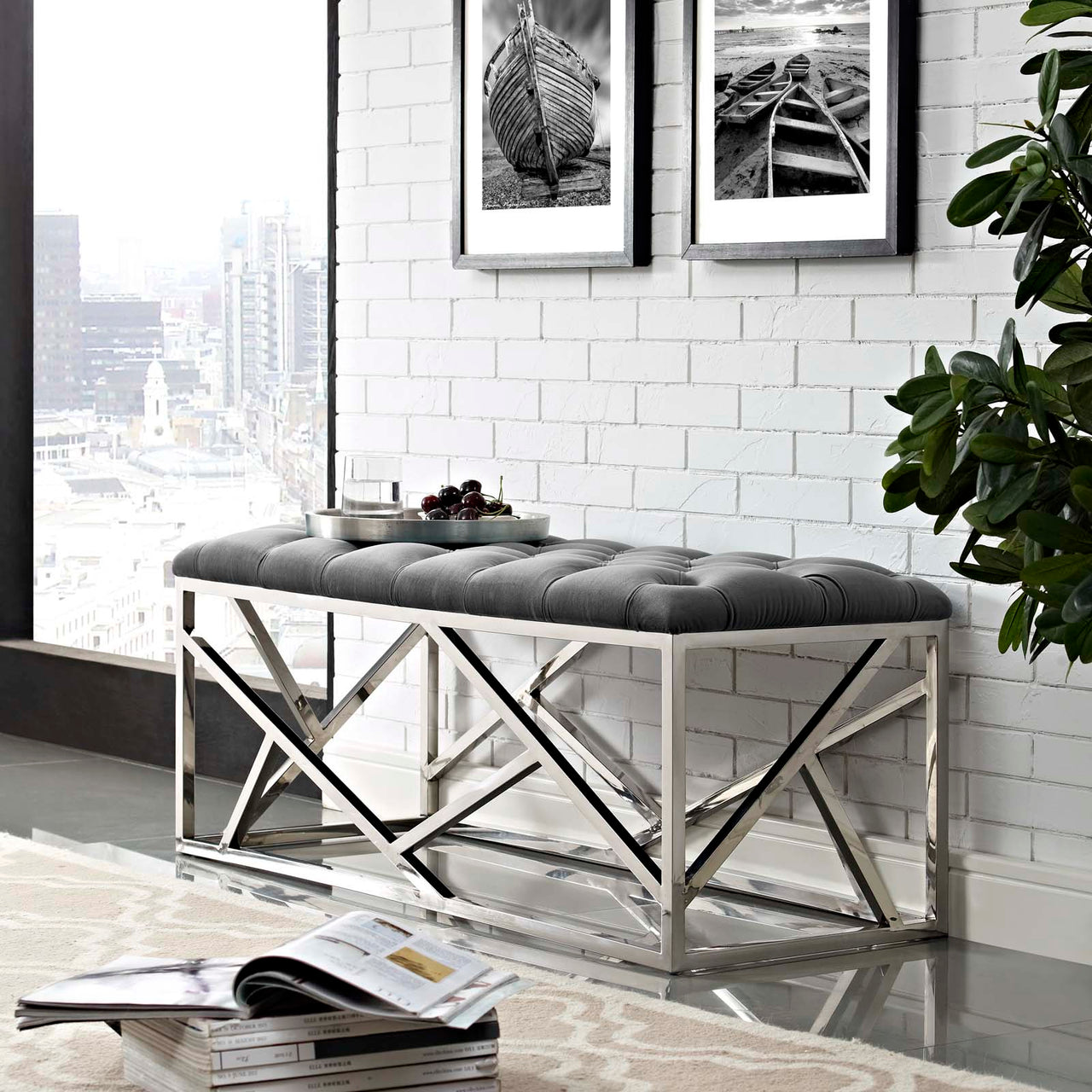 Entropy Upholstered Velvet Bench, Silver & Gray