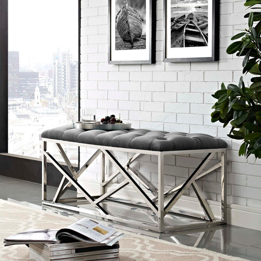 Entropy Upholstered Velvet Bench, Silver & Gray