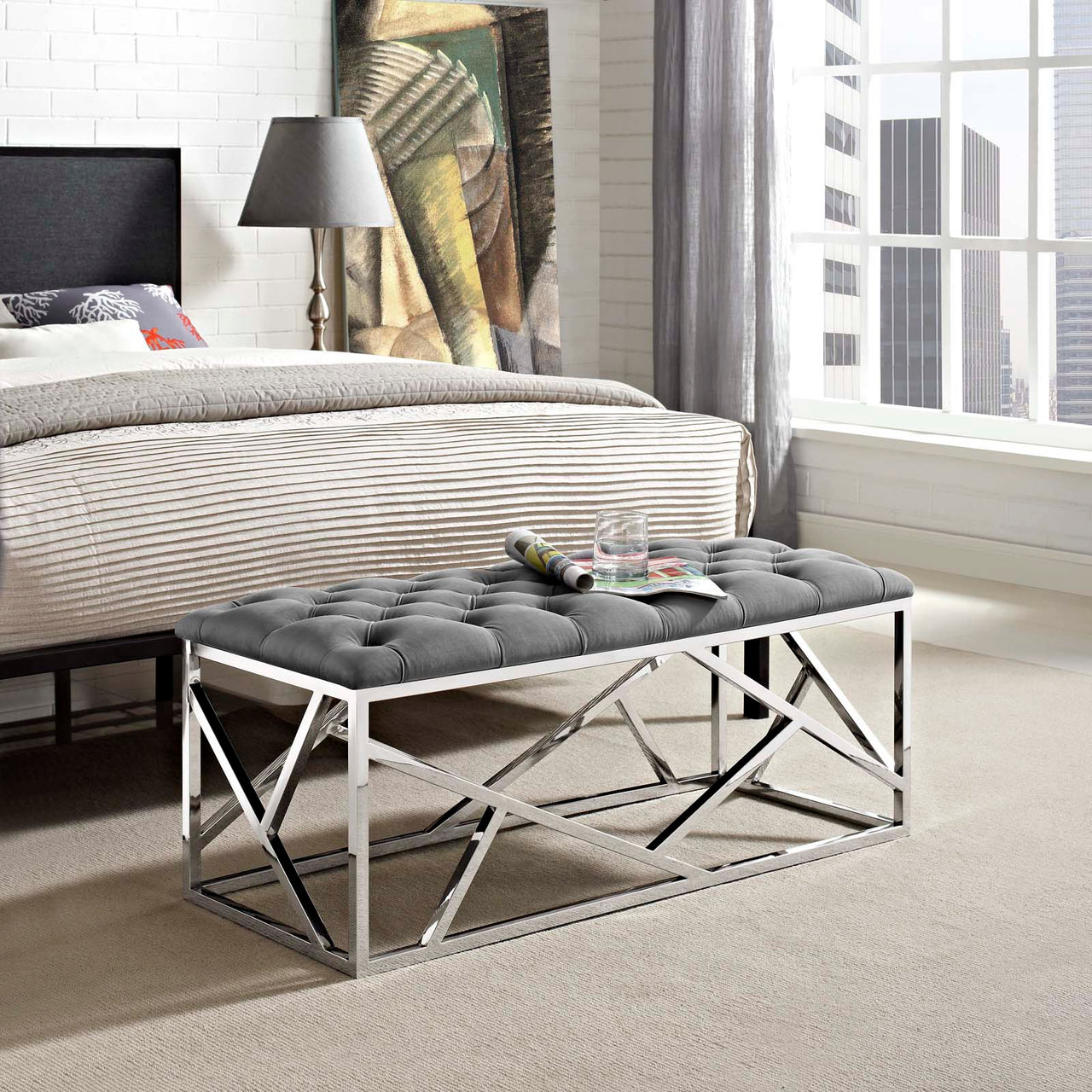 Entropy Upholstered Velvet Bench, Silver & Gray