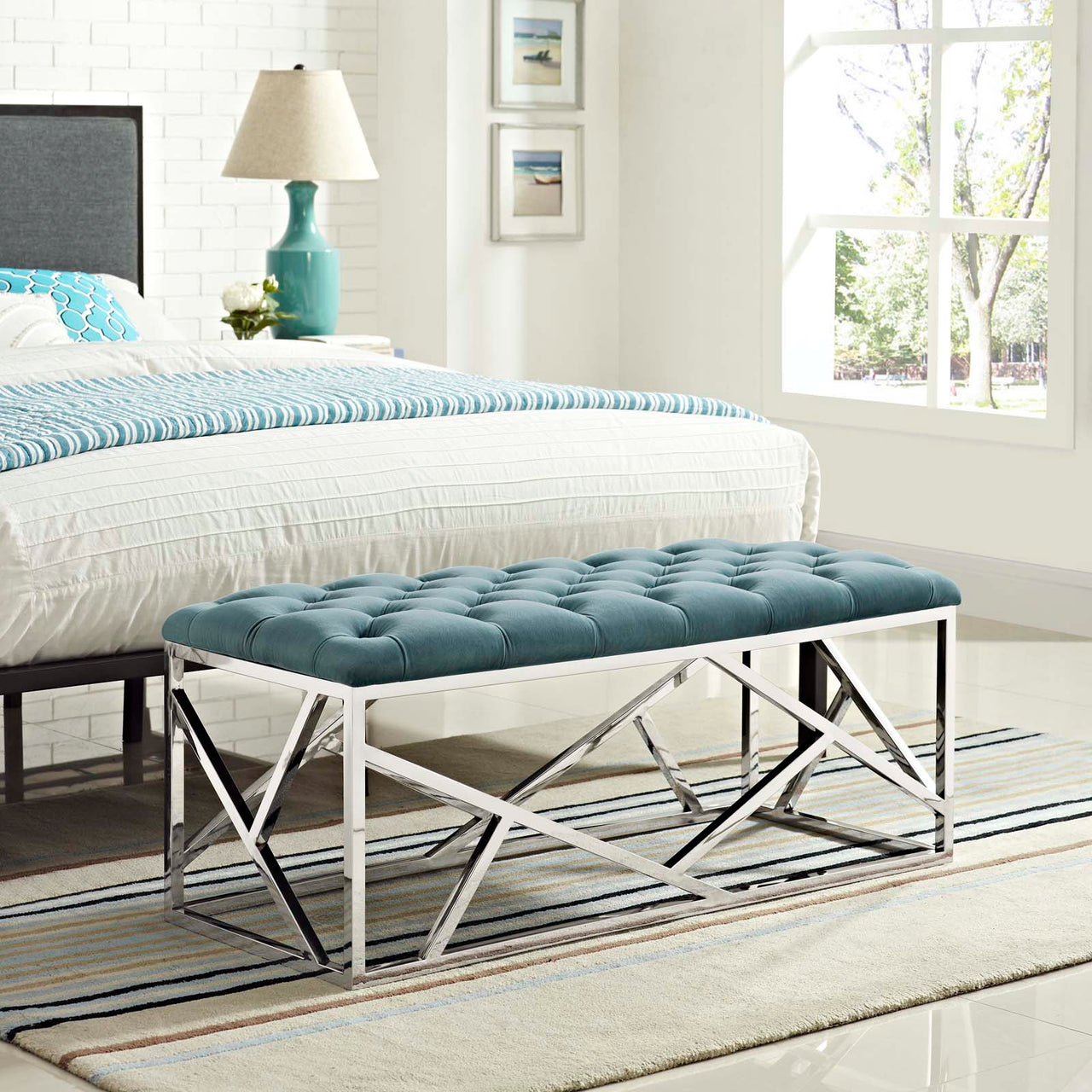 Entropy Upholstered Velvet Bench, Caspian Blue
