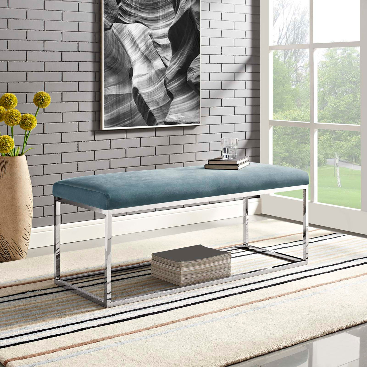 Caela Upholstered Velvet Bench, Caspian Blue