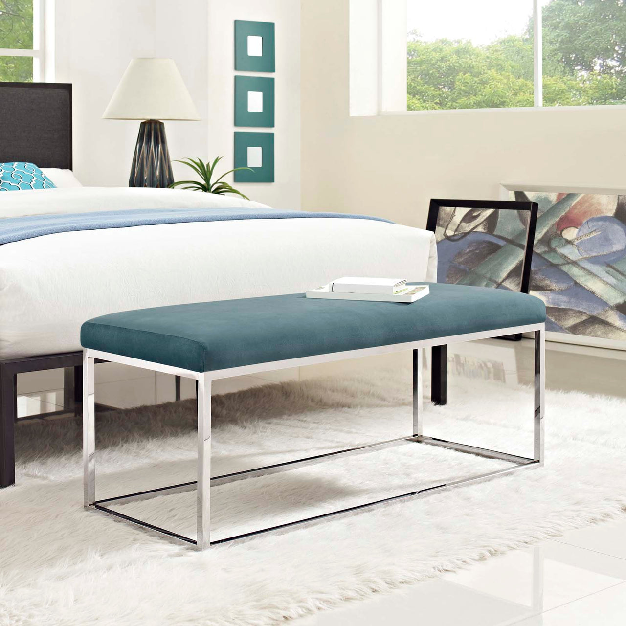 Caela Upholstered Velvet Bench, Caspian Blue