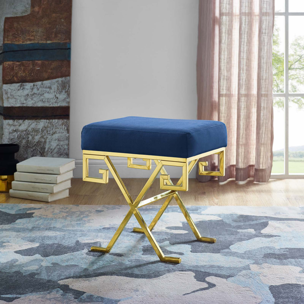Windsor Upholstered Velvet Bench, Gold & Navy