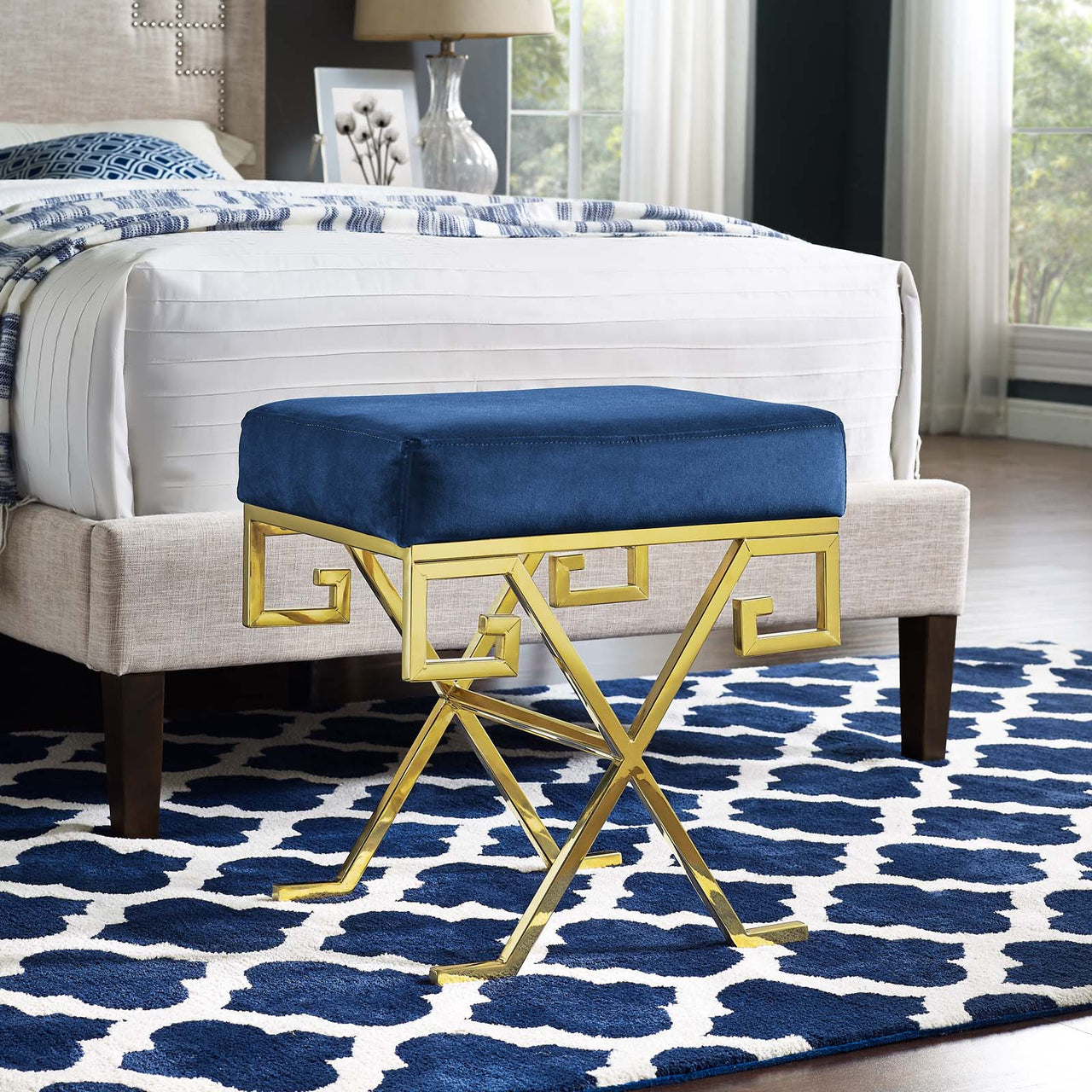 Windsor Upholstered Velvet Bench, Gold & Navy