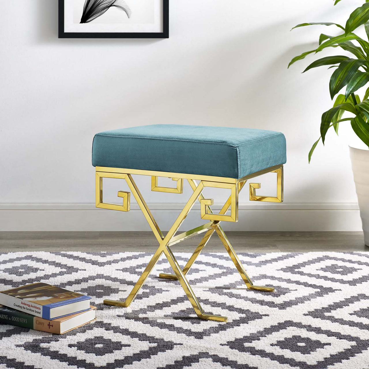 Windsor Upholstered Velvet Bench, Caspian Blue
