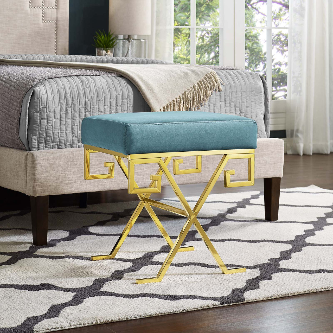 Windsor Upholstered Velvet Bench, Caspian Blue