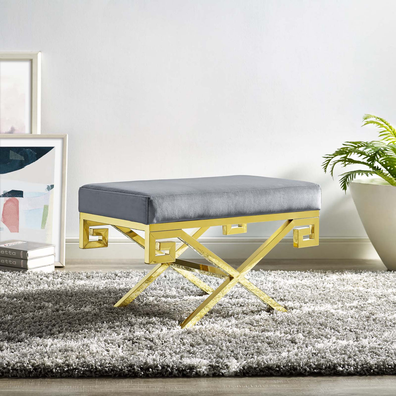 Azteca Upholstered Velvet Bench, Gold & Gray